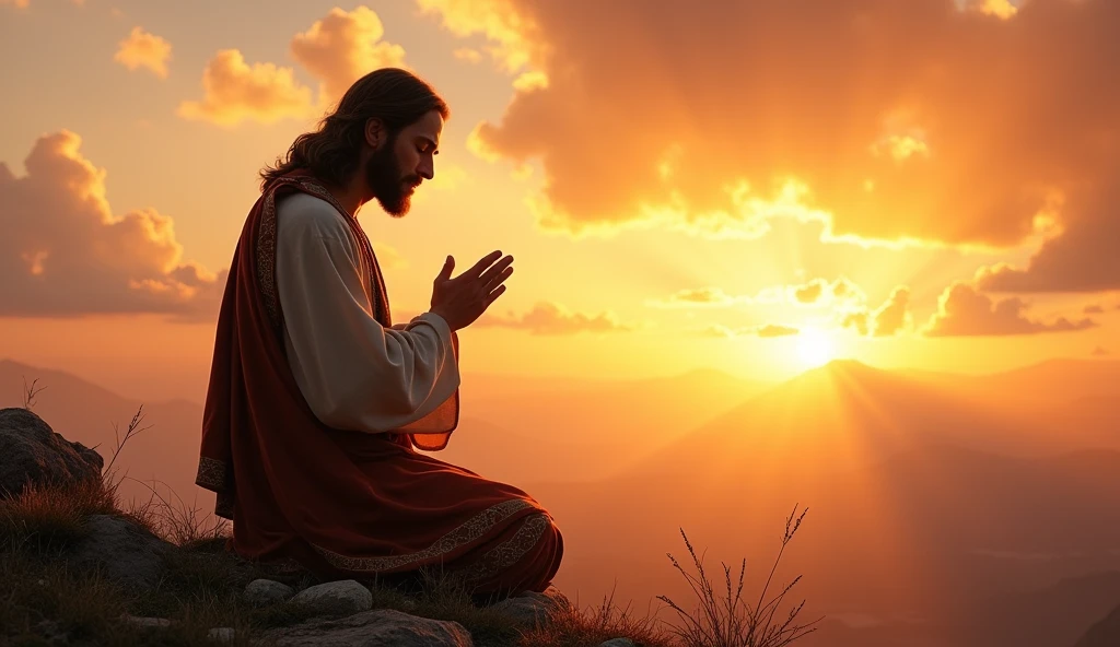Create a realistic, detailed image of Jesus Christ praying on his knees on a mountaintop. Jesus must have his eyes closed and an expression of deep devotion and peace. He wears traditional clothing with rich details, and his posture should convey humility and reverence. The backdrop in the background is a splendid sunset, with warm, vibrant colors that blend with the sky, creating a serene and majestic atmosphere. The light from the sunset should softly illuminate the figure of Jesus, highlighting his presence and creating a halo of light around him. The surrounding environment should be natural and peaceful, with views of mountains and a sky that reflects the splendor of the evening.