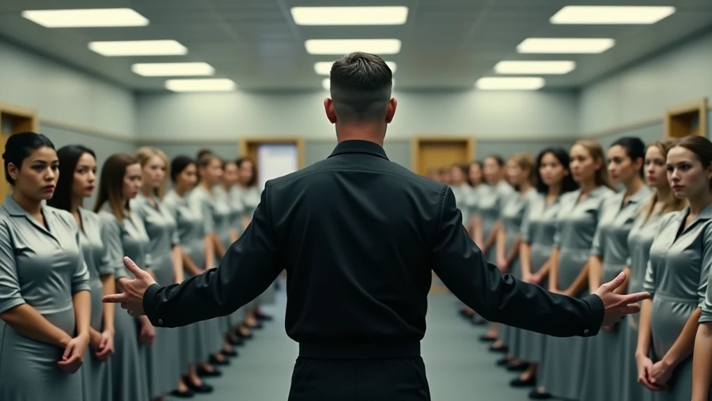 a man with short hair, combed back, wearing a black uniform and standing in the center of a large hall. He has his arms open and appears to be speaking or giving an instruction. In the background, there is a large group of women wearing silver metallic clothing, all with their hands clasped in front of their bodies, looking down or to the side. Their expressions look serious, and the room is brightly lit with fluorescent lights on the ceiling. The space is spacious and has doors at the back, suggesting an auditorium or meeting room type space. This image appears to be a montage and may have been created digitally, given the visual context and style of the content.