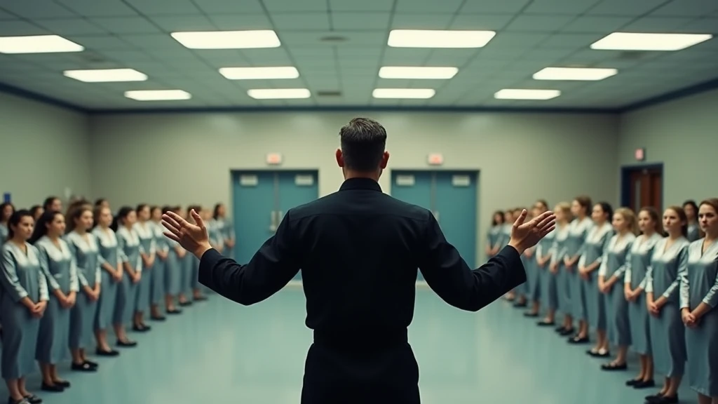 a man with short hair, combed back, wearing a black uniform and standing in the center of a large hall. He has his arms open and appears to be speaking or giving an instruction. In the background, there is a large group of women wearing silver metallic clothing, all with their hands clasped in front of their bodies, looking down or to the side. Their expressions look serious, and the room is brightly lit with fluorescent lights on the ceiling. The space is spacious and has doors at the back, suggesting an auditorium or meeting room type space. This image appears to be a montage and may have been created digitally, given the visual context and style of the content.