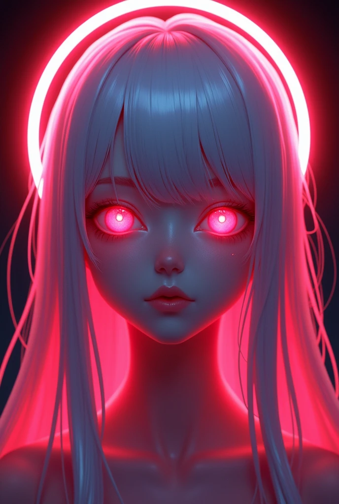 vivid neon lighting, long white hair hair, glowing eyes, red and pink hues, ethereal halo, soft facial features, intense gaze, dark background, smooth textures, anime-inspired, futuristic portrait, radiant glow, otherworldly atmosphere, surrealism, sharp contrasts, minimalistic setting, digital painting