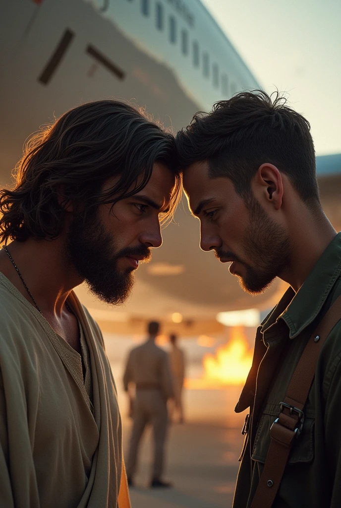 Create a detailed image that shows Jesus and a young 2 man, both looking straight ahead. Jesus must have an expression of concern and compassion, while the boy displays an intense and focused expression, indicating his attempt to sabotage a plane. Make sure both of your faces are clearly visible and well defined. The background must include the plane in enough detail to suggest sabotage in progress. The scene could be in an airport or aircraft maintenance environment, with a focus on the tension and contrast between Jesus' intentions and the boy's actions."