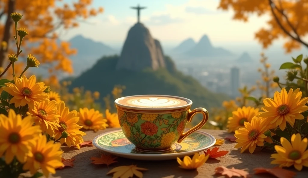 Create a realistic image of a small, yellow, green latte cup adorned with intricate Art Nouveau designs sits atop a bed of autumn leaves and yellow flowers scattered around. Christ the Redeemer overlooking Rio de Janeiro city