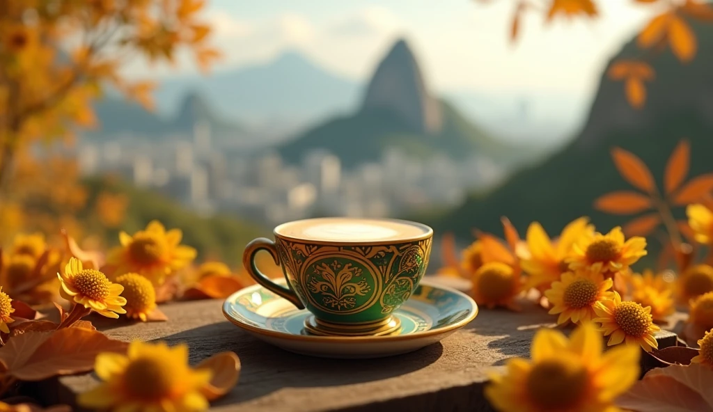 Create a realistic image of a small, yellow, green latte cup adorned with intricate Art Nouveau designs sits atop a bed of autumn leaves and yellow flowers scattered around. Christ the Redeemer overlooking Rio de Janeiro city