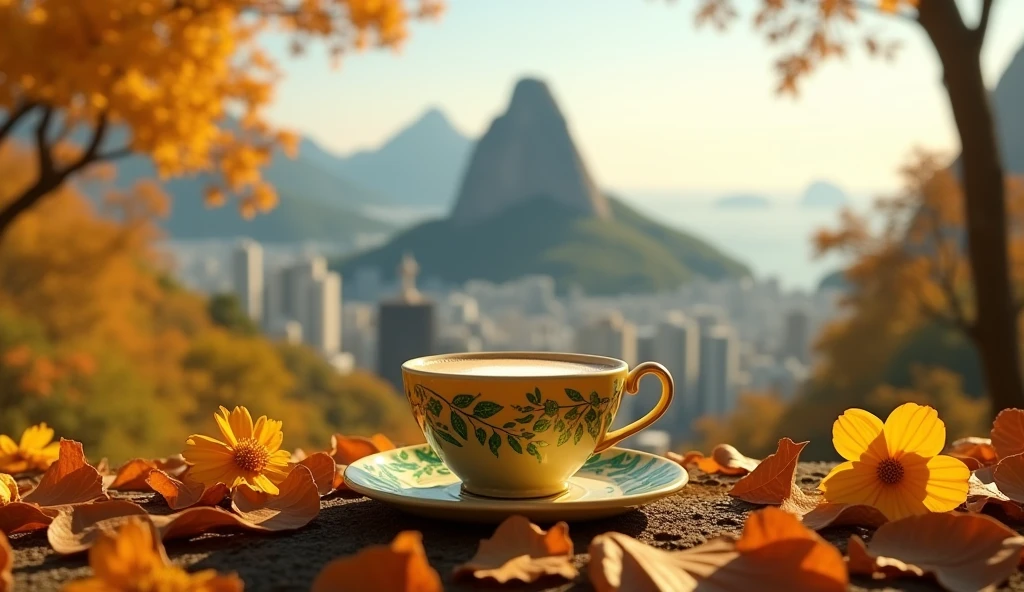 Create a realistic image of a small, yellow, green latte cup adorned with intricate Art Nouveau designs sits atop a bed of autumn leaves and yellow flowers scattered around. Christ the Redeemer overlooking Rio de Janeiro city