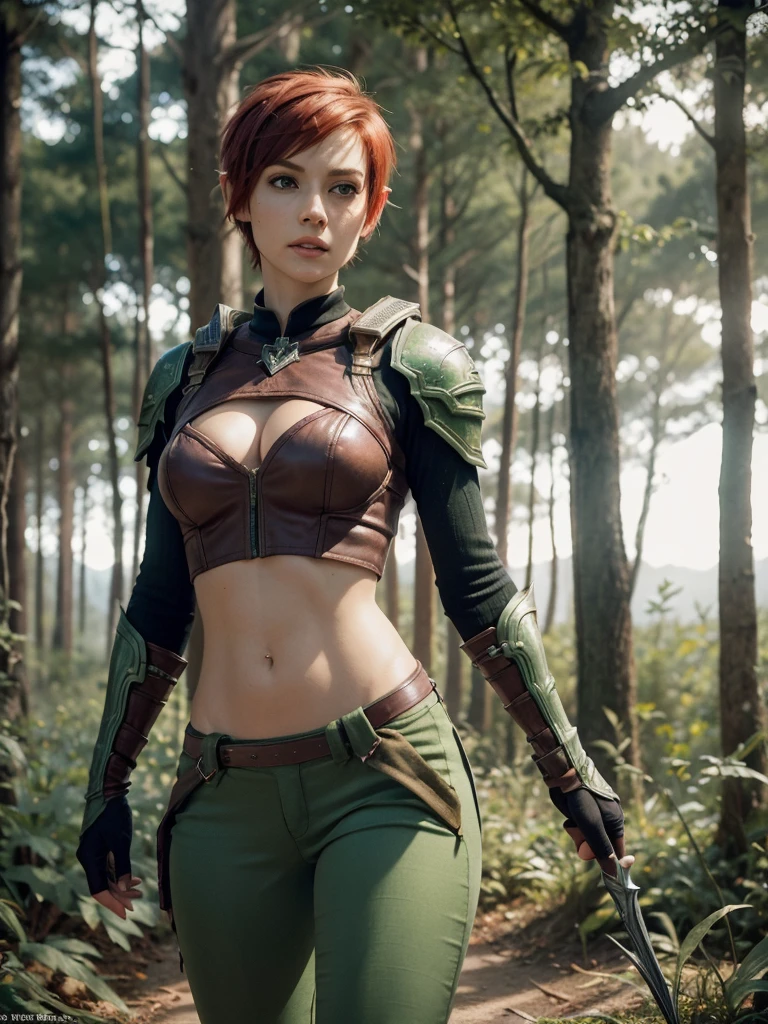slim feminine figure, redhead, best quality, realistic skin texture, photography, film grain texture and high contrast, extremely high-resolution details, photographic, photorealistic, hyper-realistic, HDR, masterpiece, ((short pixie hair)), dressed up as a night elf hunter from world of warcraft, full green hunter armor, a green lust forest in the background, brown pants