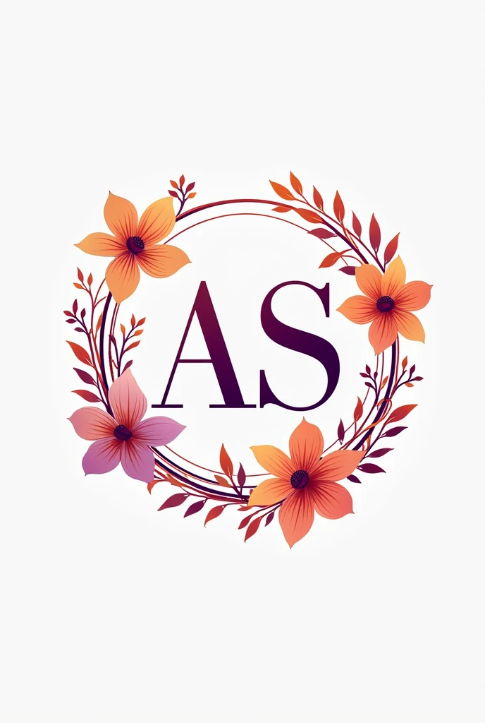 Logo for nail designer with the letters AS, in orange and purple colors with some flowers, All within a circle