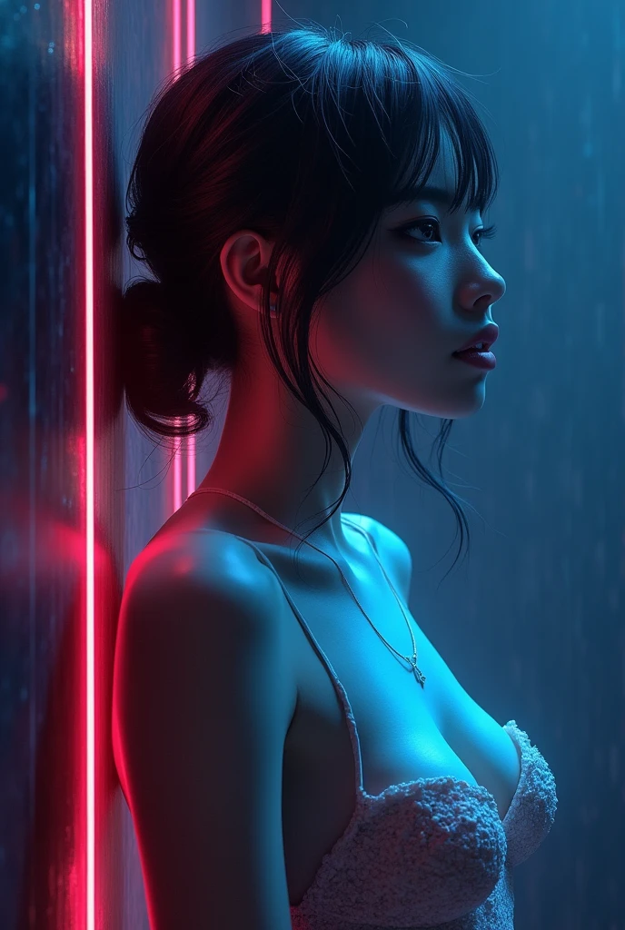 ((Highest quality)), ((masterpiece)), (detailed), Perfect face In this breathtakingly stunning 4K masterpiece, a single, ethereal female silhouette stands out against a dark background, her beautifully detailed face illuminated by neon lights and shimmering particles. Her long eyelashes frame her Highly detailed CG Unity 8k wallpaper, top quality, Super detailed, table top, realistic, photo-realistic, Highly detailed cute girl, 2, ,, whole body, ,big breasts,black eye,rubber dress