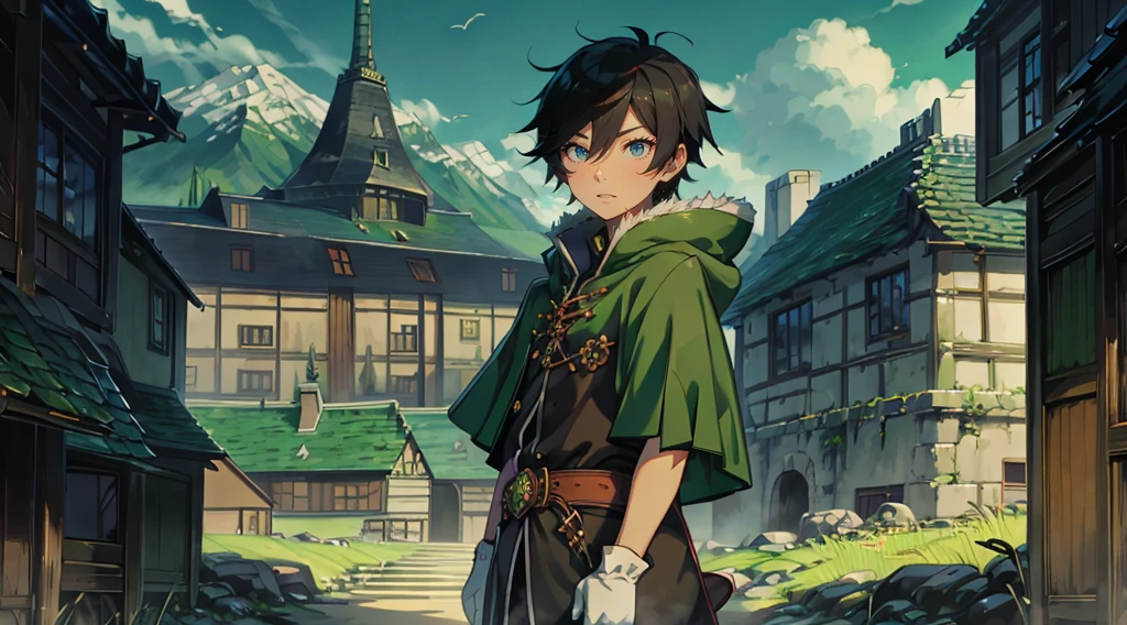 yuichiro hyakuya, (WithoutFear:1), demon king, evil face, 1 boy, black hair, green eyes, brown coat, gray armor, green shield, green cloak, dark brown gloves, castle, white fur trim, tall, anime, standing, good quality, portrait, looking at viewer