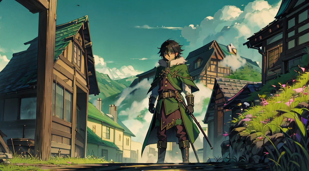 yuichiro hyakuya, (WithoutFear:1), demon king, evil face, 1 boy, black hair, green eyes, brown coat, gray armor, green shield, green cloak, dark brown gloves, castle, white fur trim, tall, anime, standing, good quality, portrait, looking at viewer