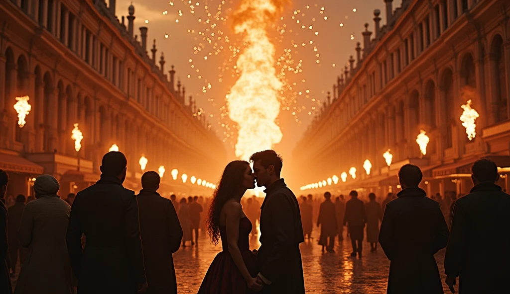 1500 Venice((middle Ages))) in chaos; people looking at the sky; fireballs falling from the sky; couples kissing in the streets.