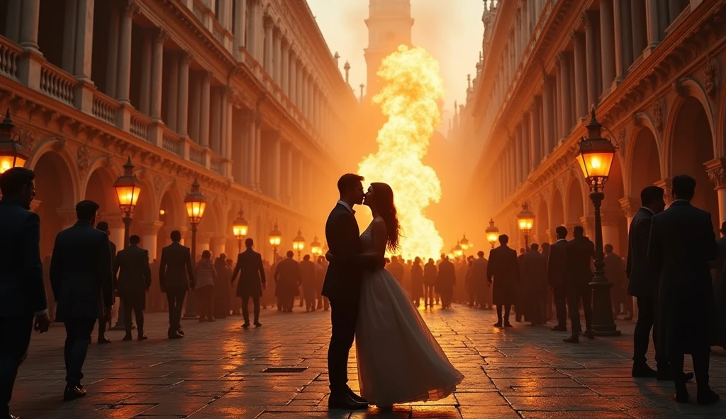 1500 Venice((middle Ages))) in chaos; people looking at the sky; fireballs falling from the sky; couples kissing in the streets. 