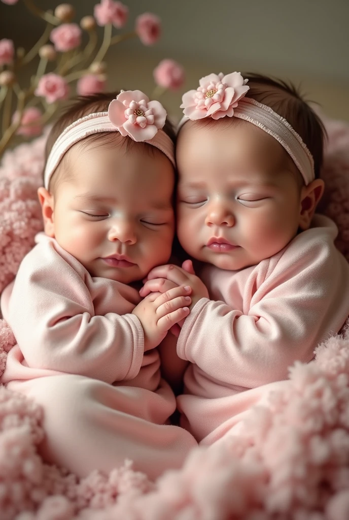 A  peacefully sleeps with a serene expression on a soft, fluffy pink cloud. The babyrs a pastel pink headband with white stars and a matching outfit. Above, a crescent moon and glowing stars illuminate the dark night sky, creating a dreamy and tranquil ambiance.