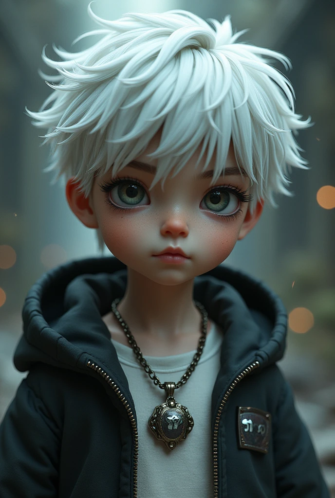 Boy with short white Edgar hair with a necklace that says TERR0l