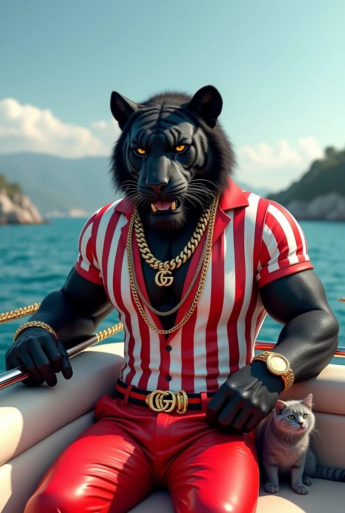 The muscular black tiger head sits on a luxury boat wearing a red and white striped shirt and red and white striped pants. The figure is adorned with several gold chains and Gucci belts. Nearby was a small, muscular gray cat with a leash. The background is a calm blue sea and distant mountains under a clear sky. The rails of the boat are designed with gold chains, adding to the chic atmosphere.