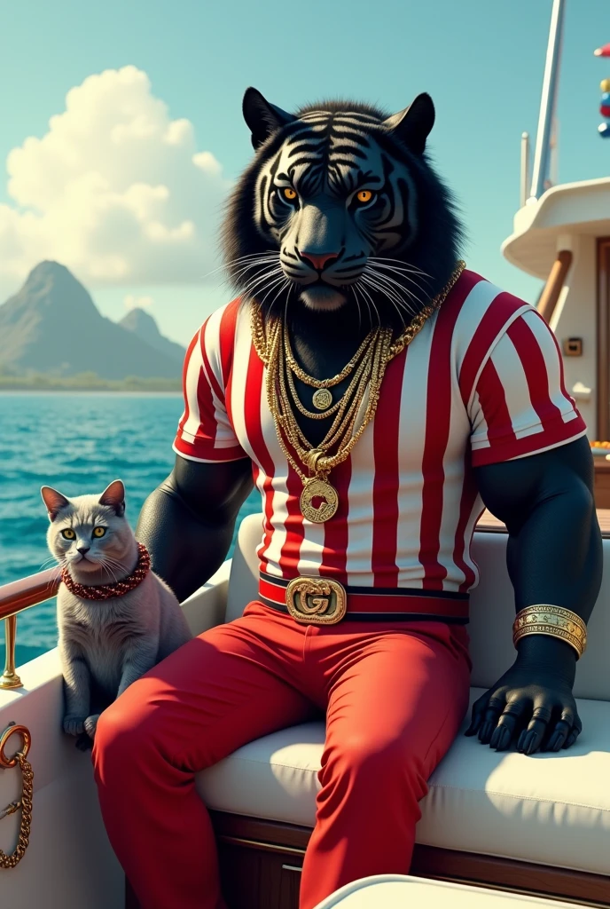 The muscular black tiger head sits on a luxury boat wearing a red and white striped shirt and red and white striped pants.   The figure is adorned with several gold chains and Gucci belts.   Nearby was a small, muscular gray cat with a leash.   The background is a calm blue sea and distant mountains under a clear sky.   The rails of the boat are designed with gold chains, adding to the chic atmosphere.