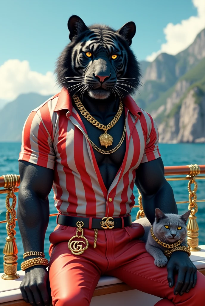 Amazing image of two anarchic tigers with strong muscles standing on a boat against a background of ocean and serene islands. The left tiger has white fur, wears white short sleeves on the shoulders and gray shorts, while the right tiger has blue fur. Orange shows off a gray sleeveless shirt and white shorts. They both wore designer belts, gold jewelry and stylish white sneakers. The smaller tiger in the black jacket was sitting at their feet, adding humor to the scene.