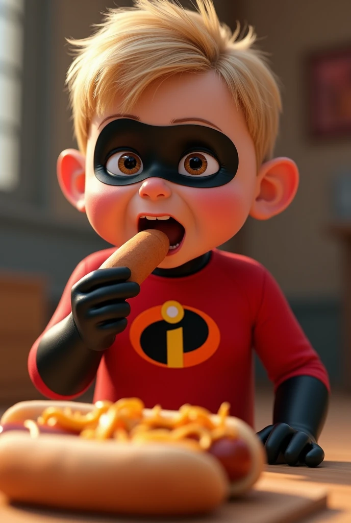 Youngh, dressed as The Incredibles, eating a hot dog and several others on the plate for him to eat, 3D character rendering, cartoon character, Character from The Incredibles, character posing, (Pixar-style) (best qualityer) (skin detailed) (detailed texture) (8k) (Argilla) (cinematic lighting) (sharp focus