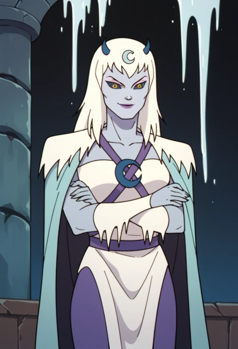 score_9, score_8_up, score_7_up, score_6_up, score_5_up, score_4_up, chilla, thundercats, icicles, standing, cape, smile, colored skin, white hair, long hair, solo,  black sclera, yellow eyes,  score_9, source_anime, room, cape under arms and body 