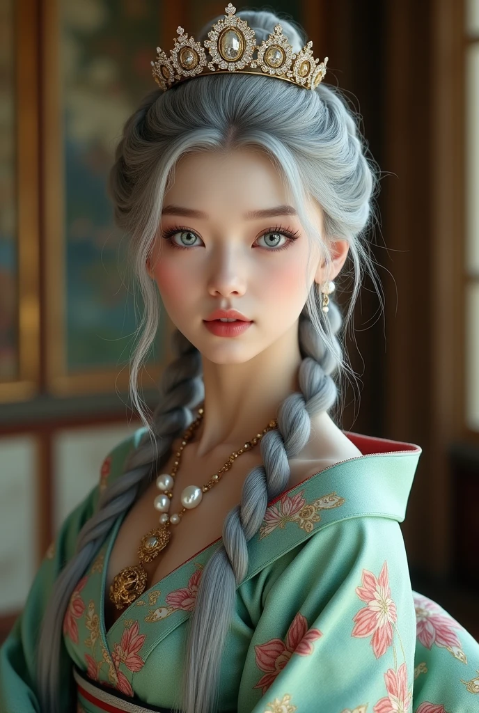 She is a kimono model、Gorgeous floral patterned kimono、Silver hair braids、blue eyes、All functions are clearly displayed., The contours of the fingers are perfectly shaped.., the nose has the correct shape., expressive lips, perfect anatomy, background is not blurred, one story, (20:1.2), twenties, pretty girl, realistic Close up shot , looking at camera , Empire of Austria -Hungary girl, 24 old, (Light brown hair, middle hair , wince, Green eyes, beautiful lip, serious), (Pearl crescent earrings, Pearl and gold neckless, tiara with Dimond ), (big breasts, slender whist, wide hip) ,(Rococo 18the century dress), Green base dress , (Blue Dexter:1.3), decoration medal , in Palace, in Austria, textured skin , HI detailed skin, (foreshortening, Canon, UHD, anatomically correct, super detail, high details, highness, Pointillism, masterpiece,best quality, ultra realistic,32k,RAW photo,detail skin, 8k uhd, dslr,high quality, film grain,Shag hair, arm warmers, (girl, bare shoulders, sexy:1.1) , cinematic shot, studio lighting((ASIAN WOMAN))