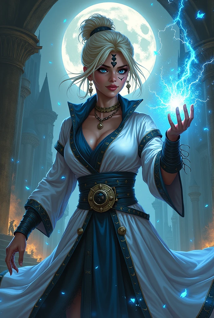 Imagine a woman with very dark brown skin lol, appearing full body, with short light blonde hair tied up, with a black tribal tattoo on his face, similar to Mel Medarda from Arcane, with silver colored arcane robes with black and blue details, with a malignant expression, doing a magic casting pose, in a medieval fantasy setting with the full moon in the background, in steampunk style anime drawing
