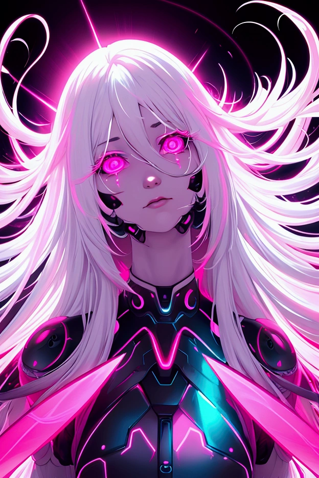 vivid neon lighting, long white hair hair, glowing eyes, red and pink hues, ethereal halo, soft facial features, intense gaze, dark background, smooth textures, anime-inspired, futuristic portrait, radiant glow, otherworldly atmosphere, surrealism, sharp contrasts, minimalistic setting, digital painting