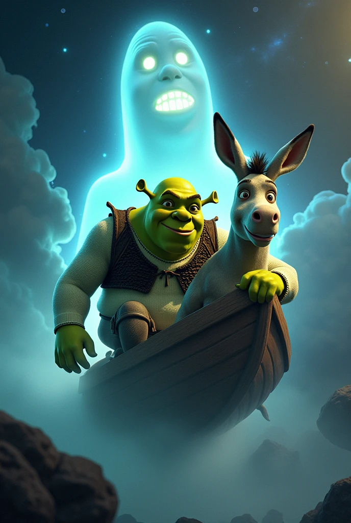 please, do a draw of shrek and the donkey, traveling in the space on a ghost ship