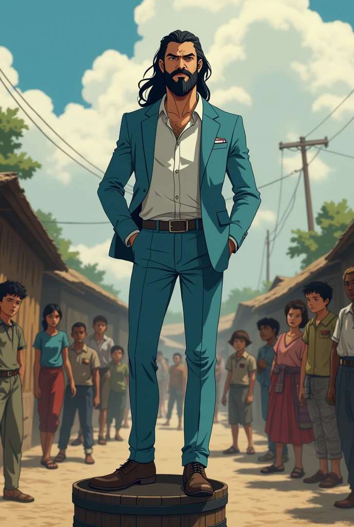 Create a anime style landscape image. Image is a cinematic scene featuring a man in a stylish, light blue suit with a white dress shirt, open at the collar, and a pocket square. He has a full beard and long hair, with a confident expression, standing with one foot on a barrel. The background shows a group of people, including children and adults, with varying skin tones, dressed in casual, rugged clothing. The setting appears to be an outdoor, possibly rural or industrial area, with a backdrop of huts and a slightly blurred, smoky atmosphere, suggesting a dramatic or intense scene.