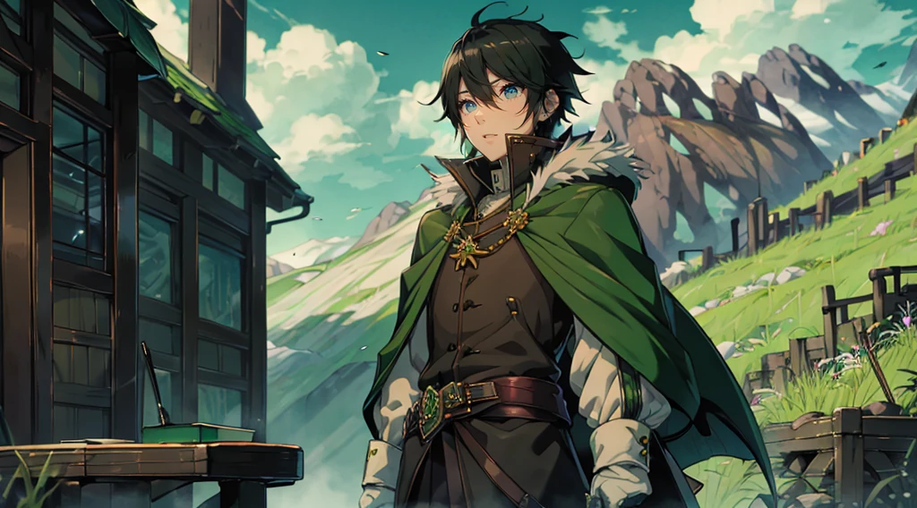 yuichiro hyakuya, (WithoutFear:1), demon king, evil face, 1 boy, black hair, green eyes, brown coat, gray armor, green shield, green cloak, dark brown gloves, castle, white fur trim, tall, anime, standing, good quality, portrait, looking at viewer