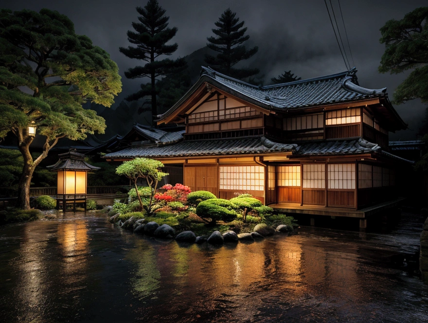  house on wet street with balcony overlooking outside in village, clear glass window, Shirakawa-go, Japan, rainy environment, (((FHD))) (((high definition))), green garden, trees, rainy day, lights, pine, night ambience,  lights cozy in the rain, lush japanese landscape, japanese house, rain, fog, , ultra-fine photography, realistic, realistic, purple, red, yellow flowers