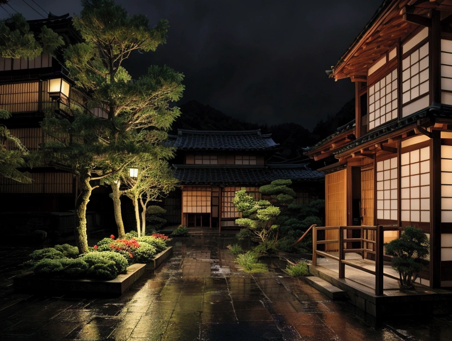 house on wet street with balcony overlooking outside in village, clear glass window, Shirakawa-go, Japan, rainy environment, (((FHD))) (((high definition))), green garden, trees, rainy day, lights, pine, night ambience, lights cozy in the rain, lush japanese landscape, japanese house, rain, fog, , ultra-fine photography, realistic, realistic, purple, red, yellow flowers