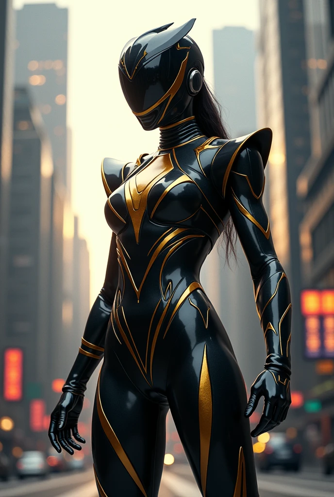 super man glossy black Armor suit in with glowing golden lighting cyberpunk futuristic costume cenematic background