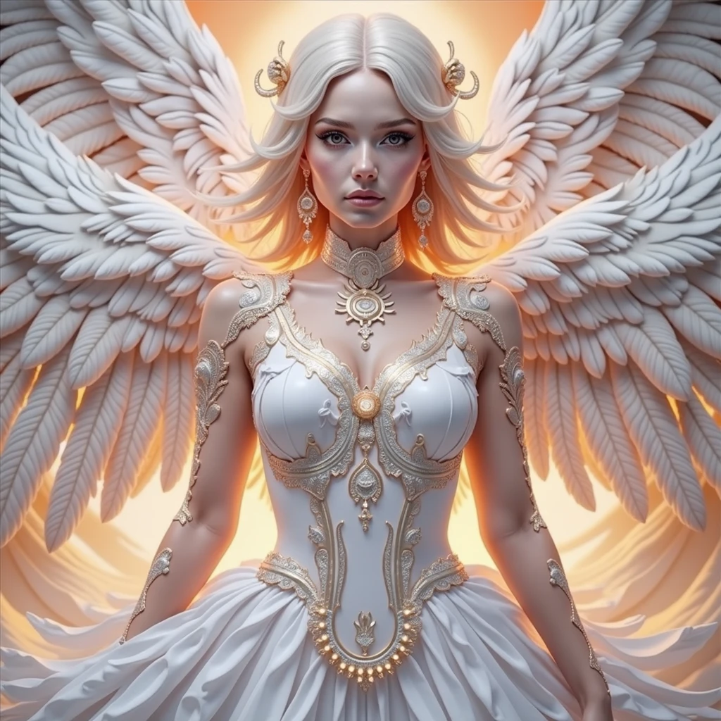 A sexy angel white silver orange hues big gigantic breast and very large wings with sun flares emitting and swirling giving powerful power surges of energies 
