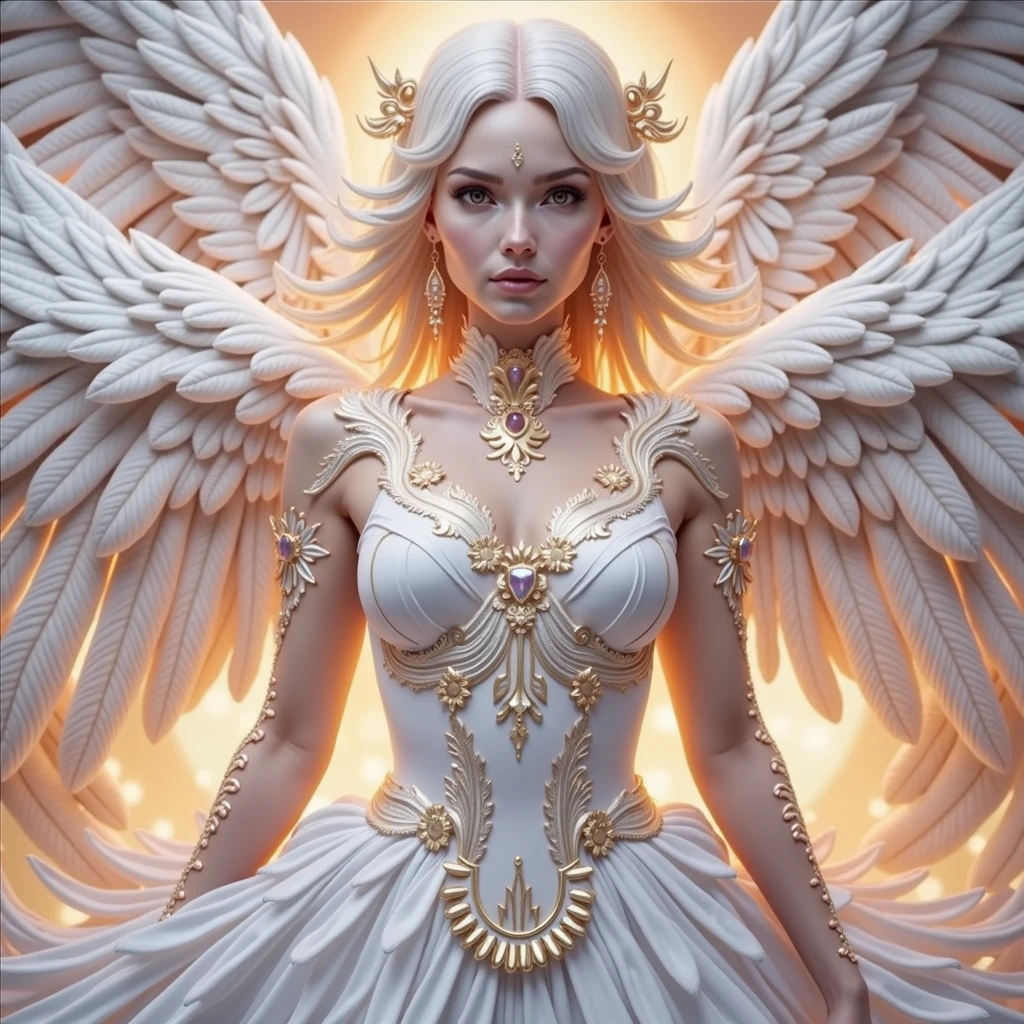 A sexy angel white silver orange hues big gigantic breast and very large wings with sun flares emitting and swirling giving powerful power surges of energies