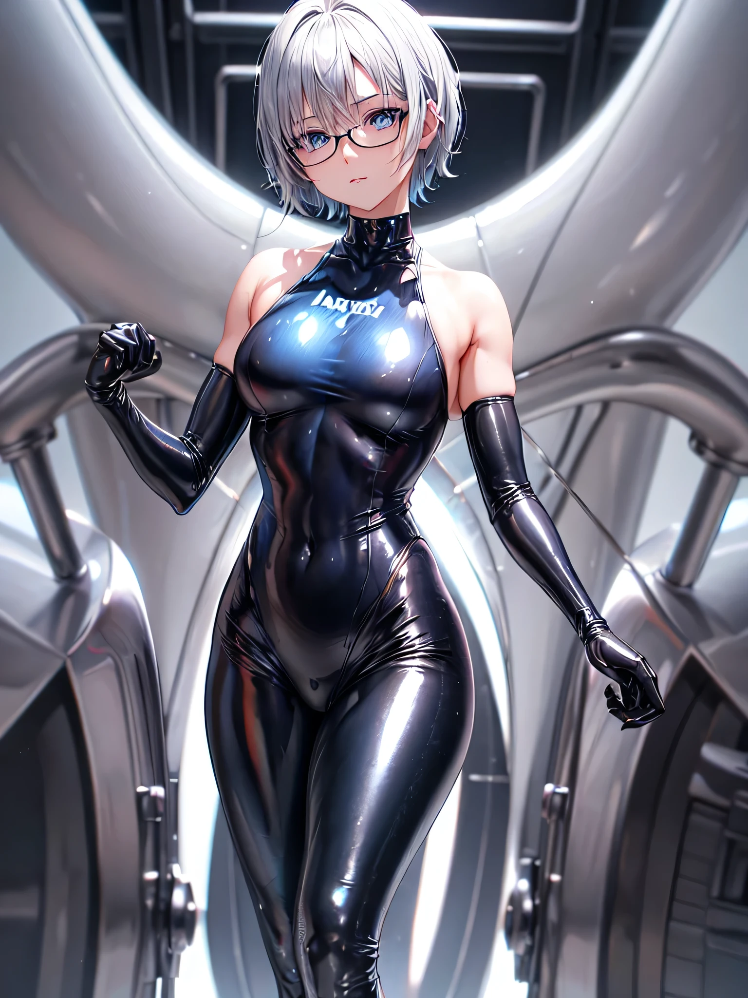 Highest quality 8K UHD、Mastepiece、Close-up、short hair、Muscular、Blue Eyes、Silver Hair、Glasses、Leg spread、A beautiful woman wearing a sleek all-black metallic suit、Full body black metallic rubber suit