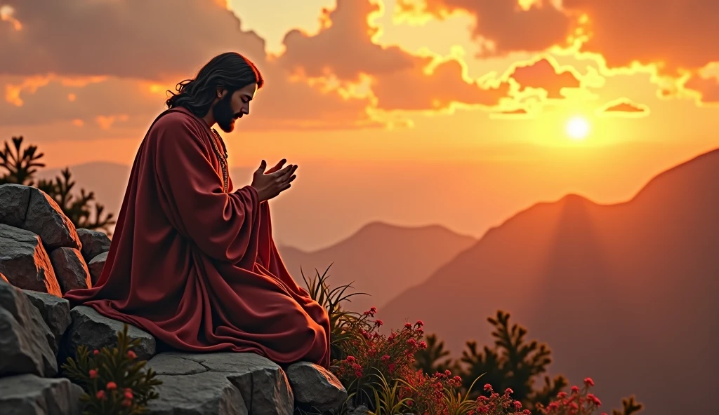 Create a realistic, detailed image of Jesus Christ praying on his knees on a mountaintop. Jesus must have his eyes closed and an expression of deep devotion and peace. He wears traditional clothing with rich details, and his posture should convey humility and reverence. The backdrop in the background is a splendid sunset, with warm, vibrant colors that blend with the sky, creating a serene and majestic atmosphere. The light from the sunset should softly illuminate the figure of Jesus, highlighting his presence and creating a halo of light around him. The surrounding environment should be natural and peaceful, with views of mountains and a sky that reflects the splendor of the evening.