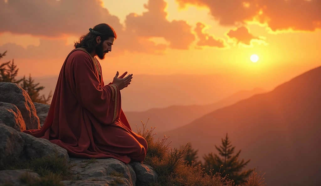 Create a realistic, detailed image of Jesus Christ praying on his knees on a mountaintop. Jesus must have his eyes closed and an expression of deep devotion and peace. He wears traditional clothing with rich details, and his posture should convey humility and reverence. The backdrop in the background is a splendid sunset, with warm, vibrant colors that blend with the sky, creating a serene and majestic atmosphere. The light from the sunset should softly illuminate the figure of Jesus, highlighting his presence and creating a halo of light around him. The surrounding environment should be natural and peaceful, with views of mountains and a sky that reflects the splendor of the evening.