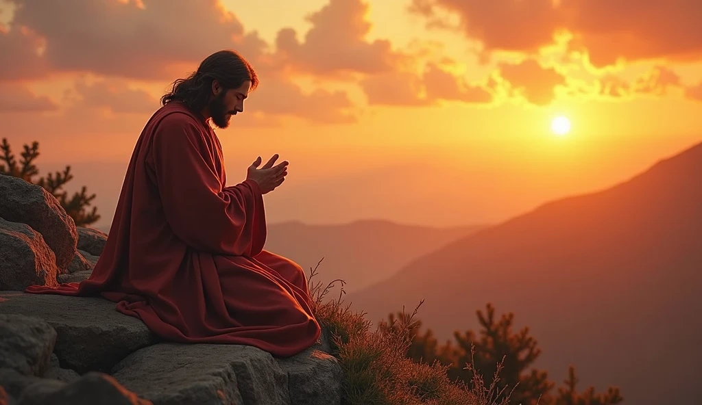 Create a realistic, detailed image of Jesus Christ praying on his knees on a mountaintop. Jesus must have his eyes closed and an expression of deep devotion and peace. He wears traditional clothing with rich details, and his posture should convey humility and reverence. The backdrop in the background is a splendid sunset, with warm, vibrant colors that blend with the sky, creating a serene and majestic atmosphere. The light from the sunset should softly illuminate the figure of Jesus, highlighting his presence and creating a halo of light around him. The surrounding environment should be natural and peaceful, with views of mountains and a sky that reflects the splendor of the evening.