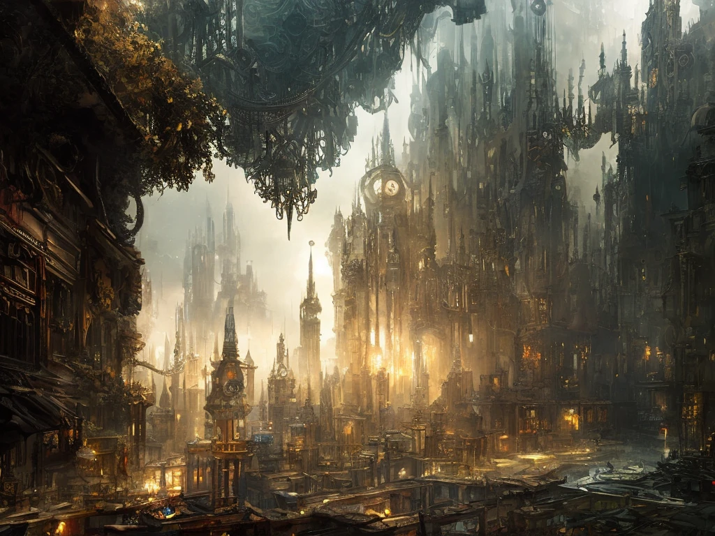 A steampunk style city, dark fairytale atmosphere, soft light, high chaos, intricate work by Johan Grenier style, Alyssa Monks style