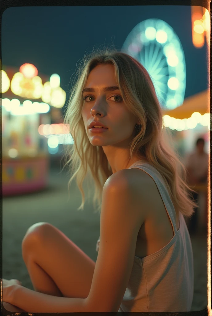 (photorealism:1.2), photo polaroid, night photo, Beautiful woman, pale skin, sitting at a fair, bokeh, Motion blur, fair lights, fair games