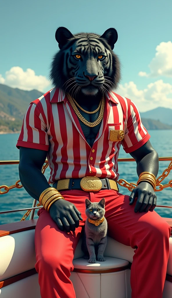 The muscular black tiger head sits on a luxury boat wearing a red and white striped shirt and red and white striped pants. The figure is adorned with several gold chains and Gucci belts. Nearby was a small, muscular gray cat with a leash. The background is a calm blue sea and distant mountains under a clear sky. The rails of the boat are designed with gold chains, adding to the chic atmosphere.