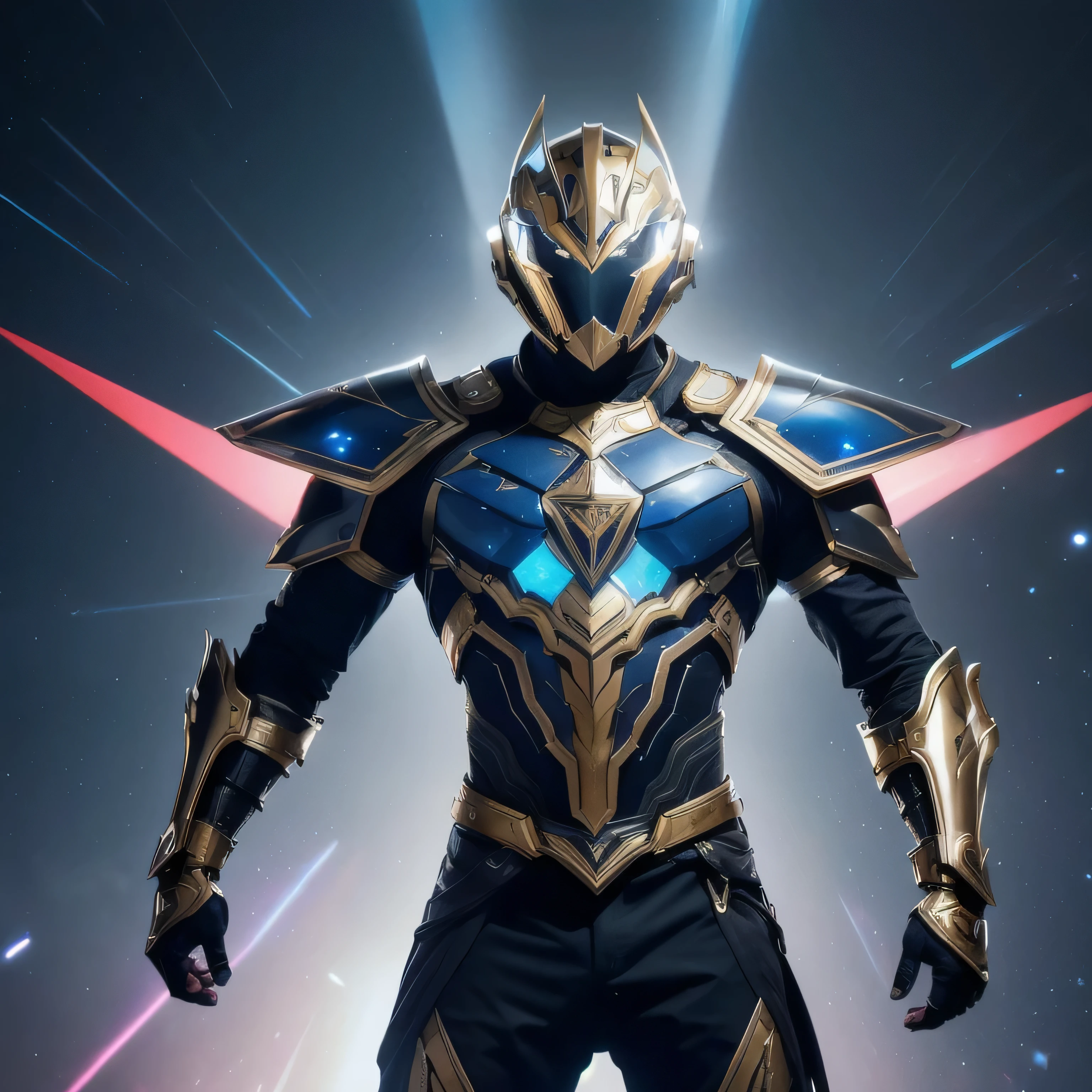 It's a man. The image presents a highly detailed and futuristic armor designed for a male warrior. The armor combines elements from different parts to create a cohesive and powerful look. Helmet: The helmet features a sleek, aerodynamic design with a golden metallic finish. It has a central crest that rises upwards, and the visor glows with a bright blue light, giving it a high-tech, futuristic appearance. Pauldrons (Shoulder Pads): The shoulder pads are designed to be close to the chest, with angular lines extending smoothly toward the shoulders. They have a polished golden finish and curve elegantly upward, creating a harmonious transition between the chest and shoulders, while providing a majestic and protective look. Chest Plate: The chest plate is intricately segmented, with a combination of gold and dark metallic blue. It has a gem-like crystal in the center that emits a soft, mystical glow. The design of the chest plate is both protective and regal, with sharp, angular lines that add to the overall futuristic aesthetic. Arm Guards: The arm guards are sleek and streamlined, with articulated golden and purple segments that offer flexibility and protection. The design of the gauntlets is both robust and elegant, incorporating futuristic elements that blend with the classic style. Leg Armor: The legs are armored with segmented plates that are primarily gold and purple. The boots are angular and sturdy, with a design that conveys both strength and agility. The overall look of the leg armor is grounded yet sleek, completing the ensemble with a powerful stance. The background of the image is a dark cosmic scene, filled with distant stars and nebulae that highlight the polished surfaces of the armor. Dynamic lighting is used to emphasize the key features, particularly the glowing visor and central chest gem, reinforcing the mystical and imposing nature of the warrior.