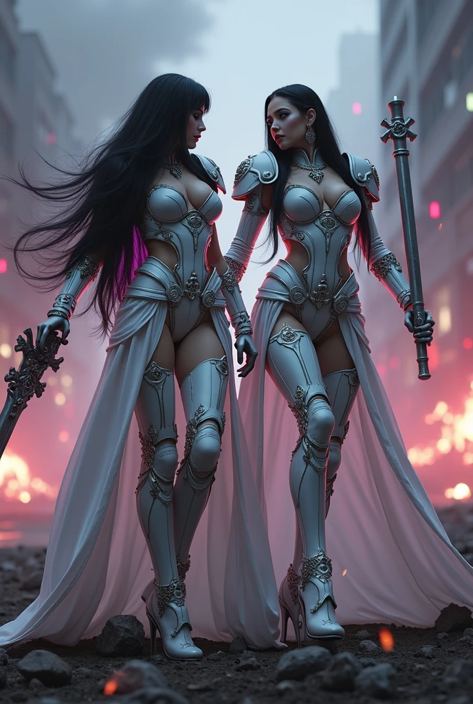 Full body pose sexy sisters of battle from the warhammer 40k, white armor with intricate details, religous symbols on the armor, sisters of battle, warhammer 40k, Massive silicone breast, pale skin, seductive, temptation, eat your soul, clevage, long flowing black hair with purple highlights, heavy gothic makeup, at night, neon, beautiful detailed eyes, beautiful detailed lips, extremely detailed eyes and face, long eyelashes, highly detailed armor, intricate futuristic weaponry, dramatic lighting, cinematic composition, muted color palette, gritty and realistic, mecha, science fiction, hyper-detailed, photorealistic, award winning digital art, 8k, HDR, masters work, in the middle of a battle field, full body combat action pose, explosions and fire around, full war, stunning, Stilleto heels, high heels, full body pose, cinematic, movie trailer, final stand!, nemesis, ready to strike, dust and debree, combat screams, attacking. shooting at the enemy, running forward, last line of defense, charging, fanatic, religious, templar knights, sisters of battle, warhammer 40k