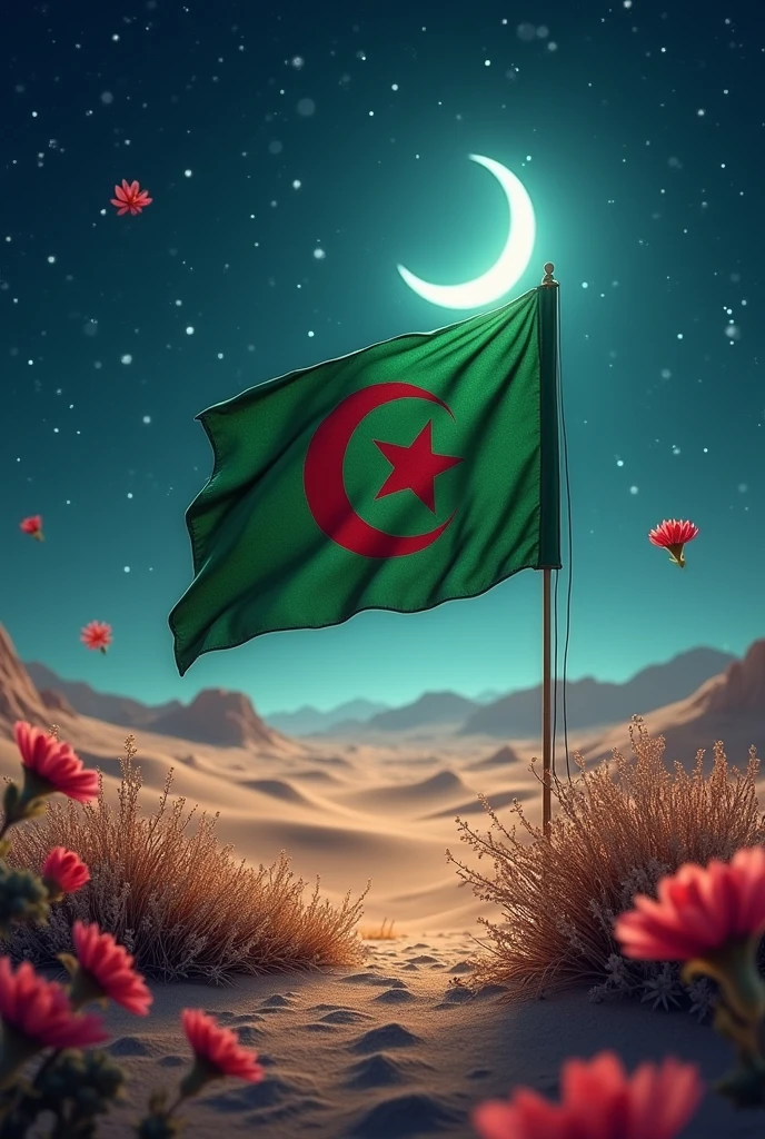 Le désert algérien drapeau vert blanc croissant de lune l'étoile rouge sang  étoilé avec la lune et le drapeau algérien entouré de fleurs qui poussent dans le désert