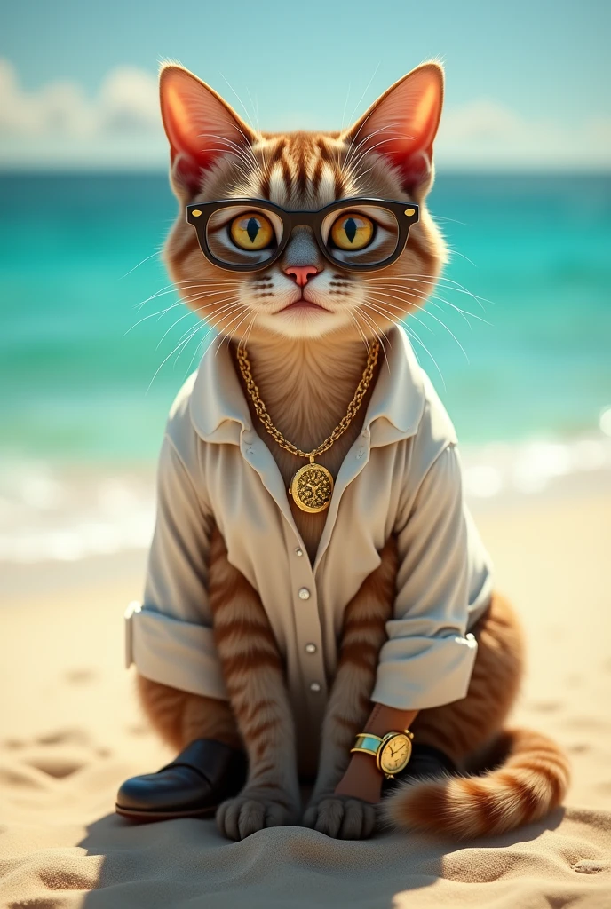 A cat in a shirt, glasses, shoes, necklace and gold watch on the beach