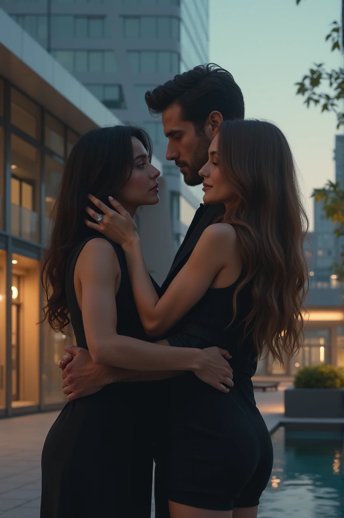In front of a modern building, a man hugs a woman, looking at another woman who is even more beautiful.