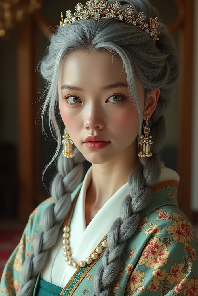 She is a kimono model、Gorgeous floral patterned kimono、Silver hair braids、blue eyes、All functions are clearly displayed., The contours of the fingers are perfectly shaped.., the nose has the correct shape., expressive lips, perfect anatomy, background is not blurred, one story, (20:1.2), twenties, pretty girl, realistic Close up shot , looking at camera , Empire of Austria -Hungary girl, 24 old, (Light brown hair, middle hair , wince, Green eyes, beautiful lip, serious), (Pearl crescent earrings, Pearl and gold neckless, tiara with Dimond ), (big breasts, slender whist, wide hip) ,(Rococo 18the century dress), Green base dress , (Blue Dexter:1.3), decoration medal , in Palace, in Austria, textured skin , HI detailed skin, (foreshortening, Canon, UHD, anatomically correct, super detail, high details, highness, Pointillism, masterpiece,best quality, ultra realistic,32k,RAW photo,detail skin, 8k uhd, dslr,high quality, film grain,Shag hair, arm warmers, (girl, bare shoulders, sexy:1.1) , cinematic shot, studio lighting((ASIAN WOMAN))