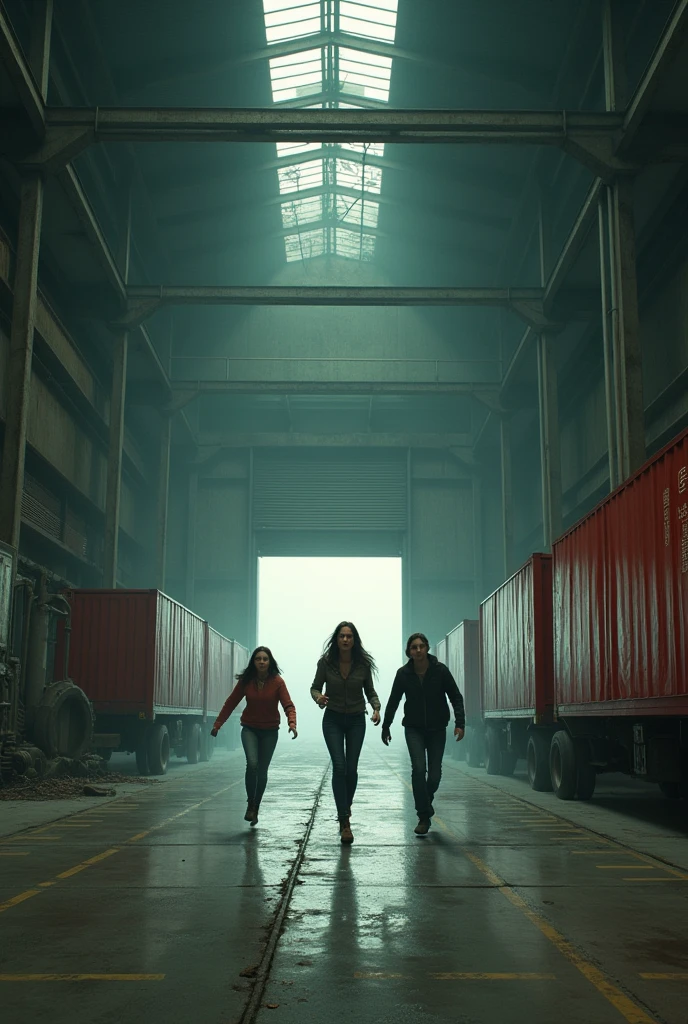 Huge warehouse, two girls running from, a man with a chainsaw, red trucks, a big sliding door 