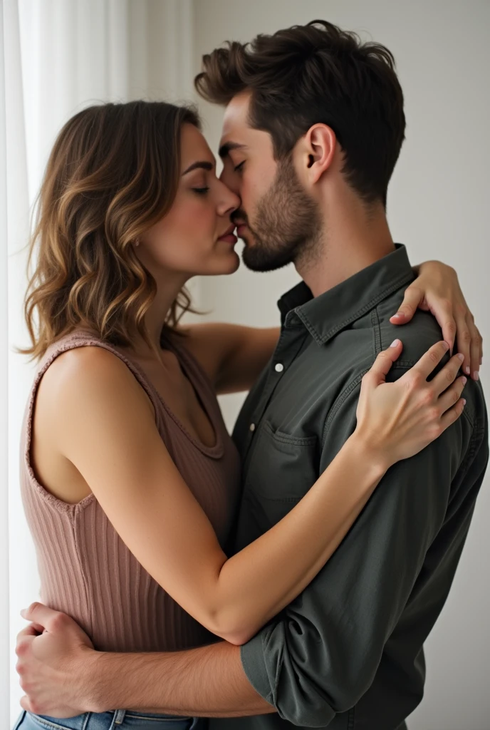 Woman and man, hug is done by pressing the chests together and engulfing the back of the other person with the arms.