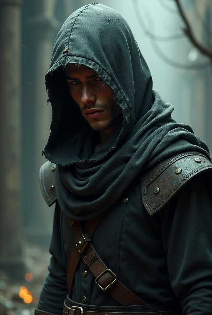 Draw a man who looks like Kirito wearing a tattered hood that hides his eyes. Make him lightly equipped, handsome, and young. Make him even thinner with the hood hiding his eyes.