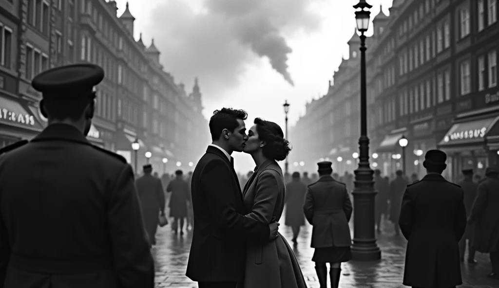 1940 London in chaos; people looking at the sky; couples kissing in the streets. Bombs falling from the sky